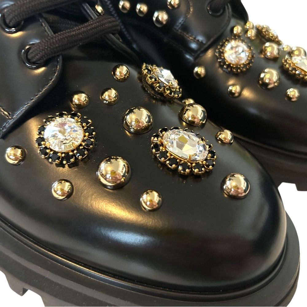 Dolce & Gabbana 9 Naxos combat boot studded jeweled lace‎ up zip crown embossed - Picture 5 of 16